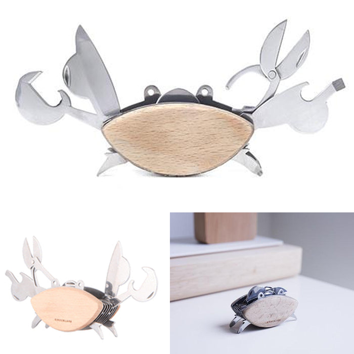 Kikkerland Beechwood Crab Multi-Tool Stainless Steel Pocket Knife Travel Tool