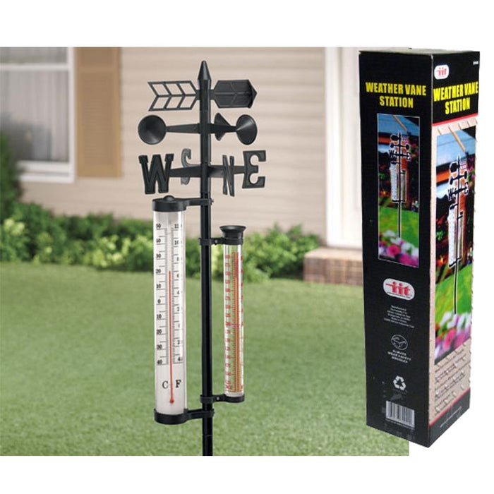 Weather Vane Station 56" Tall W/ Poll Thermometer Rain Gauge Wind Spinner Meter