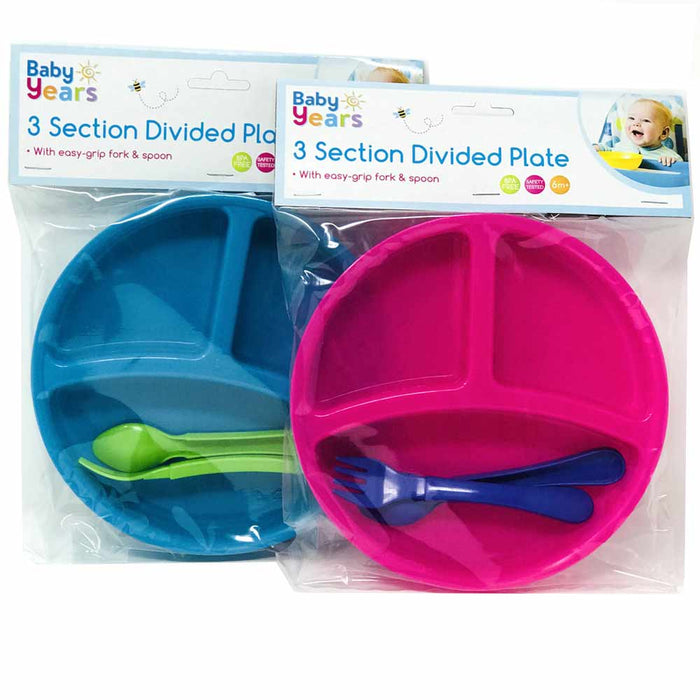 2 Pk Toddler Plates Set 3 Section Divided Baby Feeding Plate Non-Toxic BPA Free