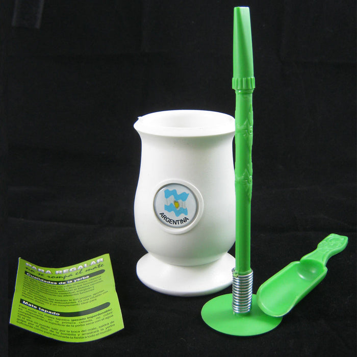 ARGENTINA MATE GOURD YERBA PLASTIC TEA CUP WITH STRAW BOMBILLA KIT 9334 WHITE !!