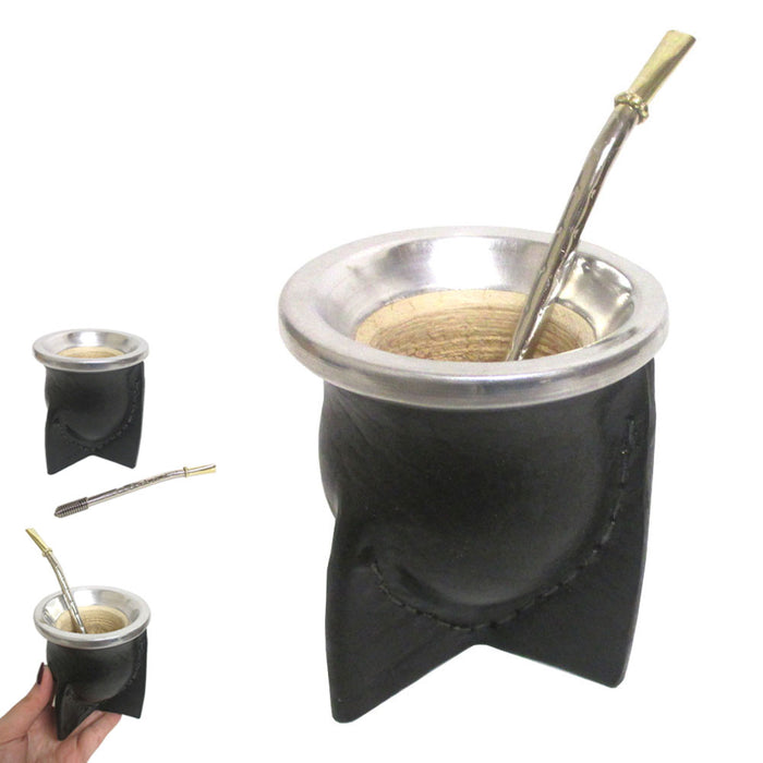 Leather Argentina Mate Gourd Kit Yerba Tea With Bombilla Straw Set Black 8440