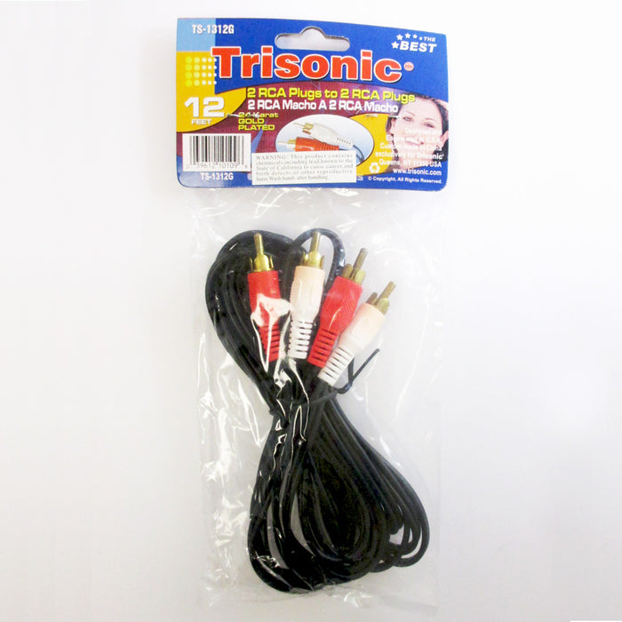2 RCA Phono Male to Male 12 Ft White Red Stereo Audio Cable Adapter Gold Plugs