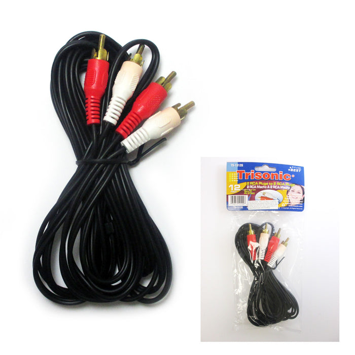 2 RCA Phono Male to Male 12 Ft White Red Stereo Audio Cable Adapter Gold Plugs