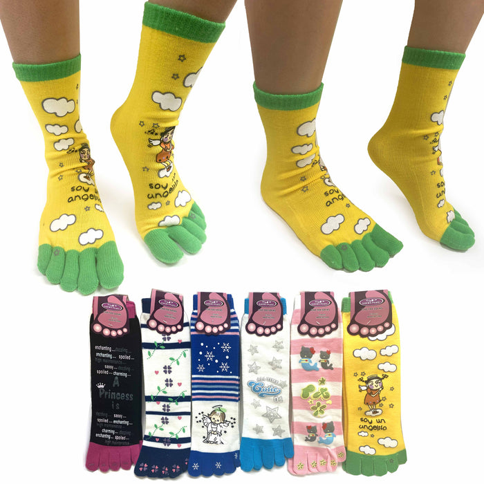 3 Pairs Women's Toe Socks Five Finger Casual Crew Multi Colors Designs One Size