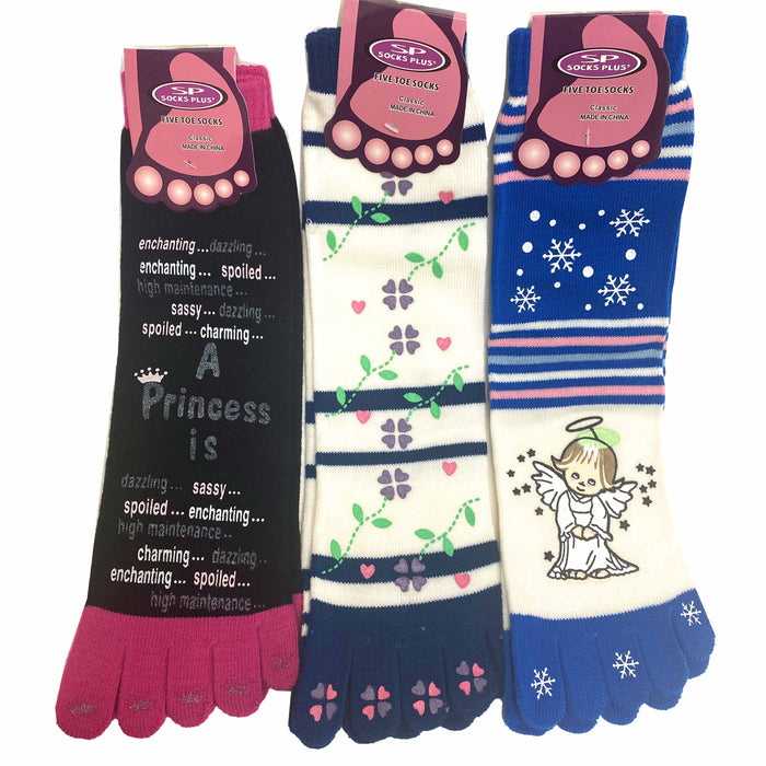3 Pairs Women's Toe Socks Five Finger Casual Crew Multi Colors Designs One Size