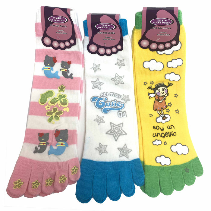 3 Pairs Women's Toe Socks Five Finger Casual Crew Multi Colors Designs One Size