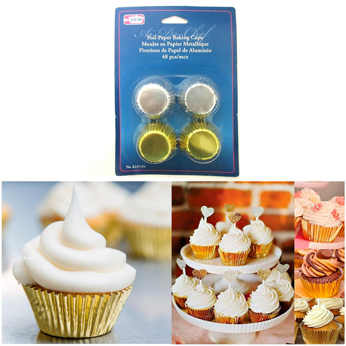 96 Mini Foil Baking Cups Cupcake Muffin Liners Bake Party Samplers Gold Silver
