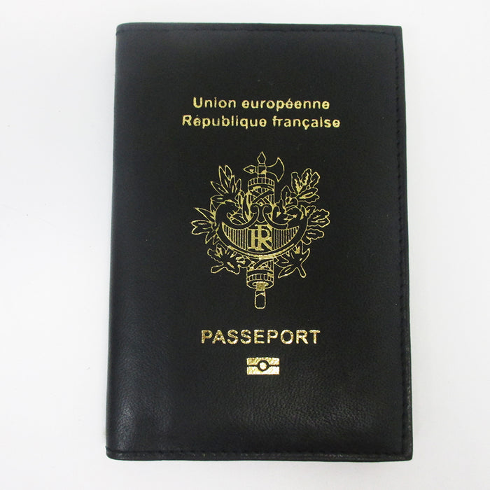France French Leather Passport Cover Holder Black Wallet Case Card Protector New