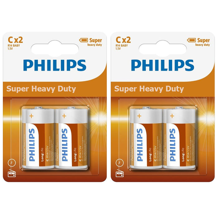 4 Pcs Philips C Batteries 1.5V R14 Zinc Chloride Battery Clocks Control