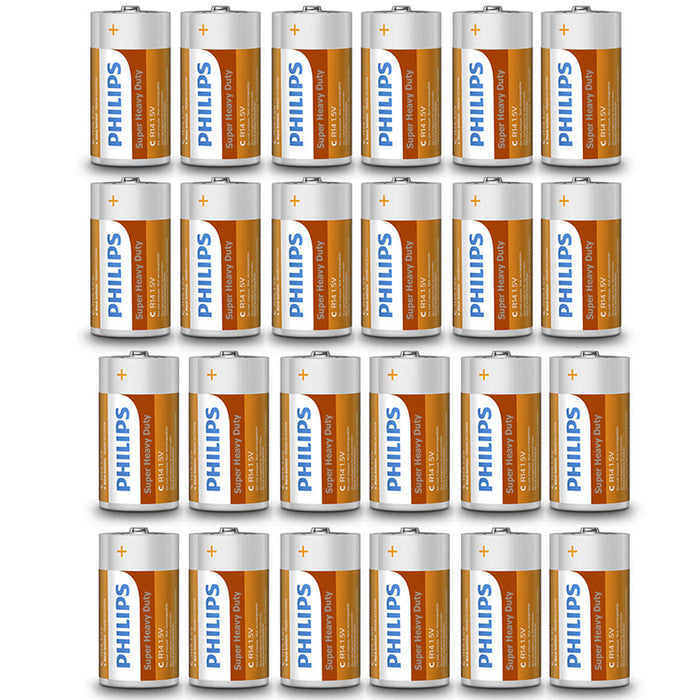 Pack 24 Philips C Battery R14 1.5V Batteries Exp 2022 Clock Remote Alarm Lot New