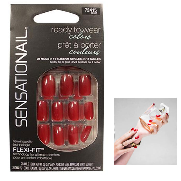 28 Ct Press On Nail Set Burgundy Dark Red Design Adhesive Easy Manicure Women