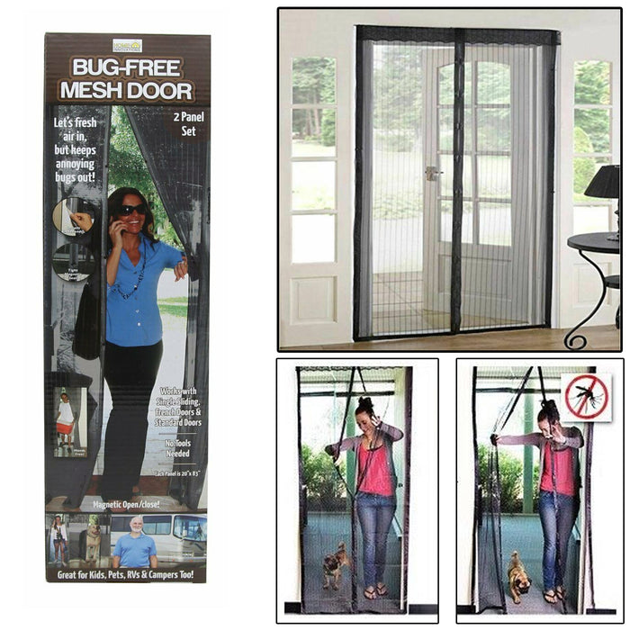 Black Magnetic Mesh Door Panel Set Screen Instant Keep Out Bug Mosquito Flies