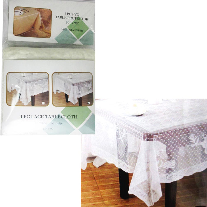 Lace Tablecloth Beige Vinyl 60"X90" Cover Wedding Floral Vintage Dinning Tabl
