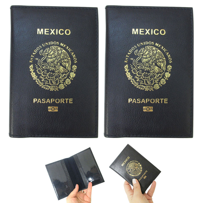 2 Pc Mexico Passport Cover Travel ID Card Cash Wallet Holder Leather Case Blue