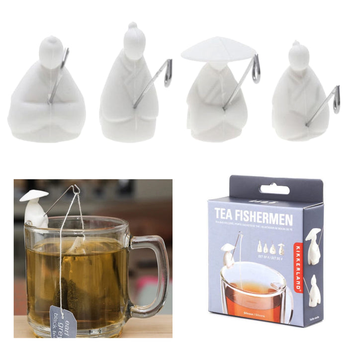 4 Pc Silicone Tea Bag Holder Kikkerland Set Fishermen Hooks Cup Mug Clips Gift
