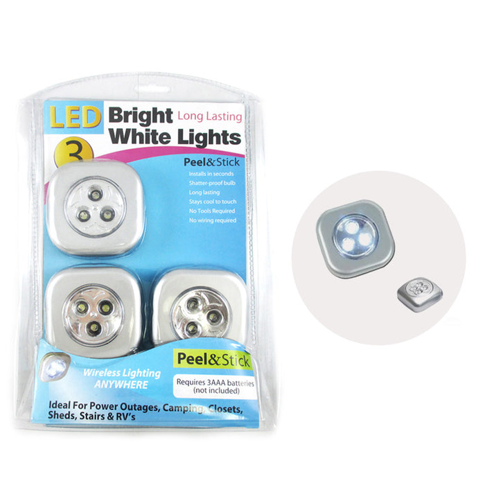 3 Pc LED Bright White Push Touch Lights Peel Stick Long Lasting Camping Closets