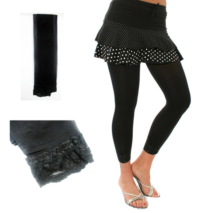 Women's Solid Plain Capri Cotton Leggings Lace Hem Trim Skinny Pants S M L