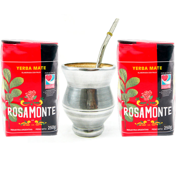 YERBA MATE ROSAMONTE KIT TEA MATE WOOD GOURD CUP STAINLESS STEEL BOMBILLA GIFT !