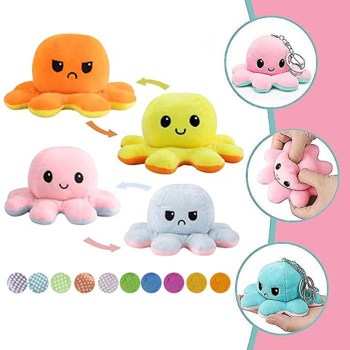 2 Pc Moody Octopus Plush Keychain Flip Emotions Happy Grumpy