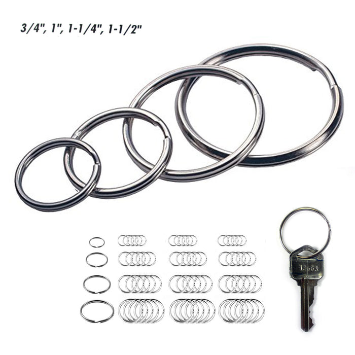 72 Pc Key Rings Assorted Keyring Sizes Split Nickel Plated Tempered Steel Chain