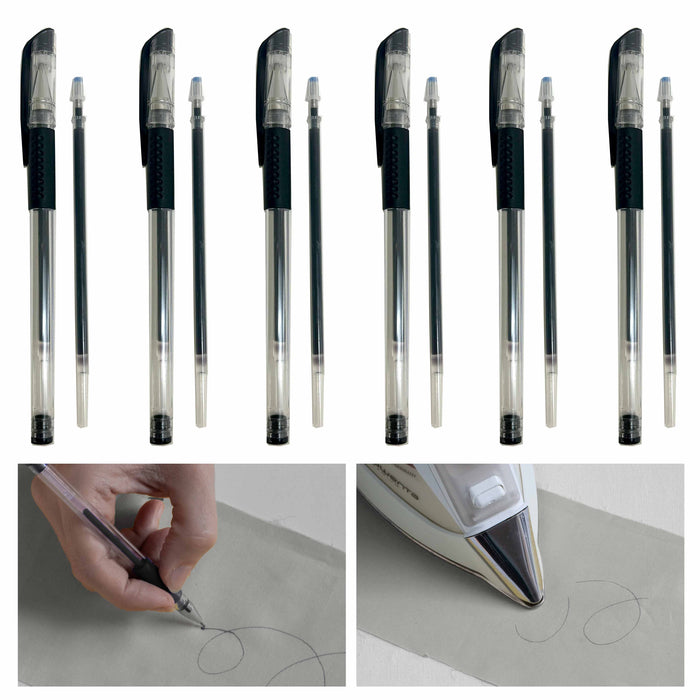 6 Pk Black Ink Fabric Pens Heat Eraseable Refill Sewing Crafts Marking Clothing