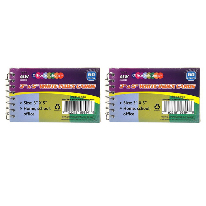 2 Pk Spiral Bound Index Cards 3" X 5" Ruled 60Ct White School Office Perforated