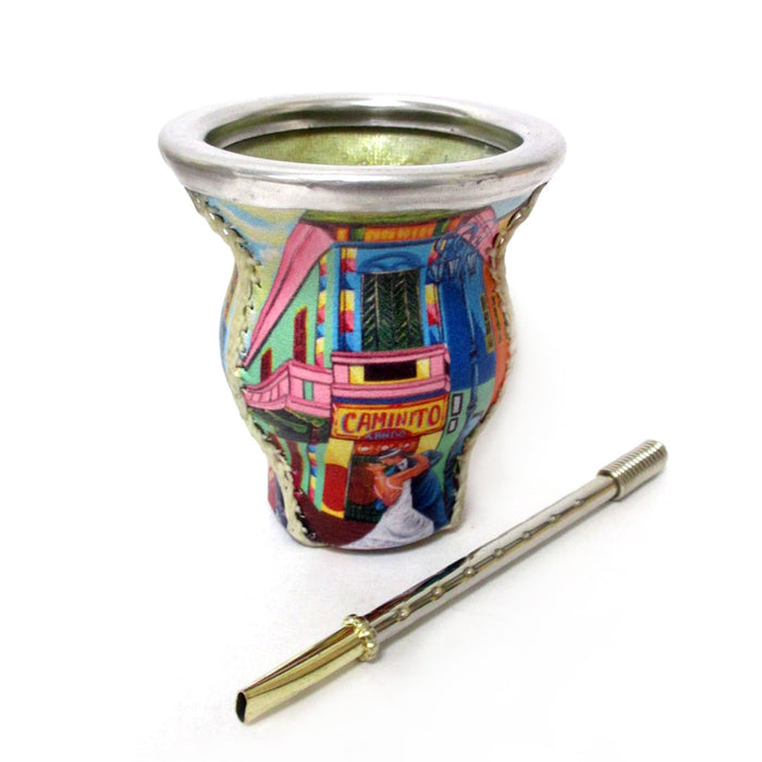 Argentina Yerba Mate Tea Gourd Glass Tango Caminito Drinking Straw Bombilla 9662