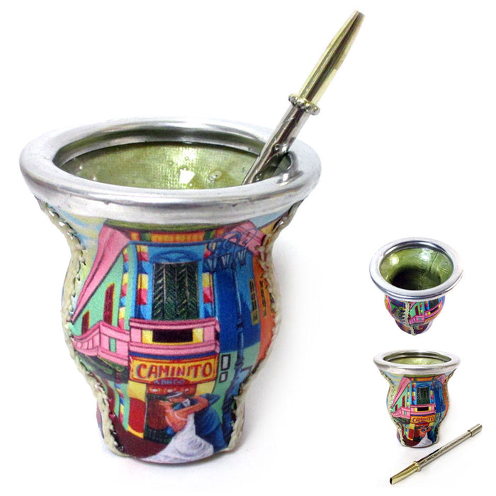 Argentina Yerba Mate Tea Gourd Glass Tango Caminito Drinking Straw Bombilla 9662