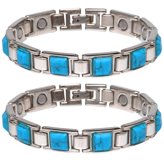 2 Silver Magnetic Link Bracelet Turquoise Stone Gemstone Copper Arthritis Relief
