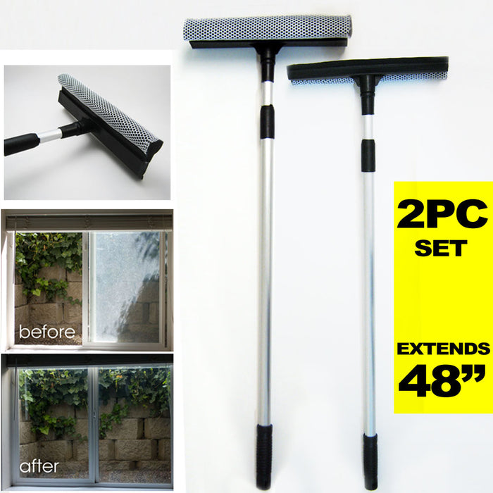 2 Telescopic Squeegee Window Cleaner Sponge Tool House Shower 48" Scrubber New