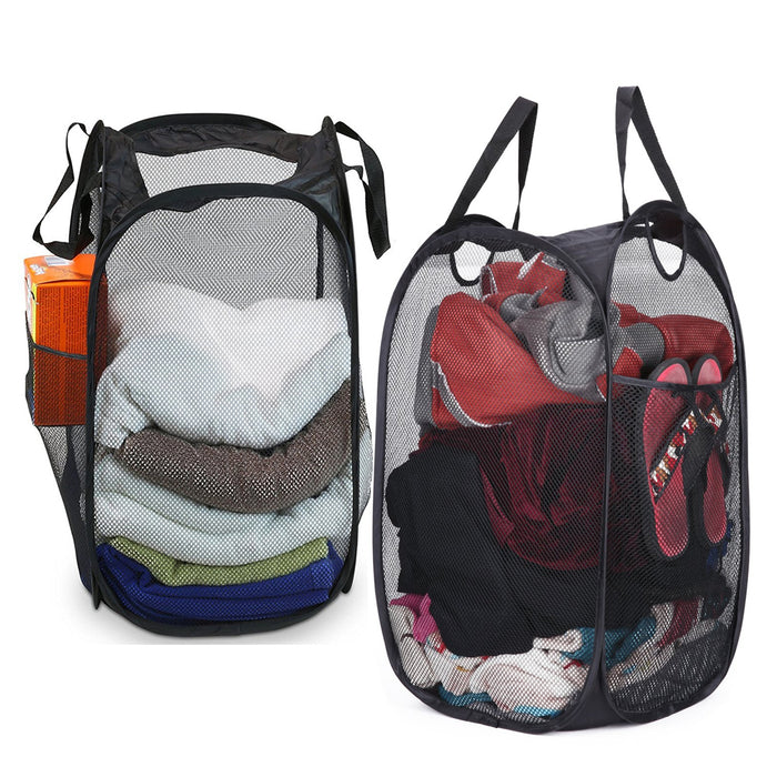 2 Pc Pop Up Folable Laundry Basket Mesh Hamper Washing Clothes Bag Storage Bin