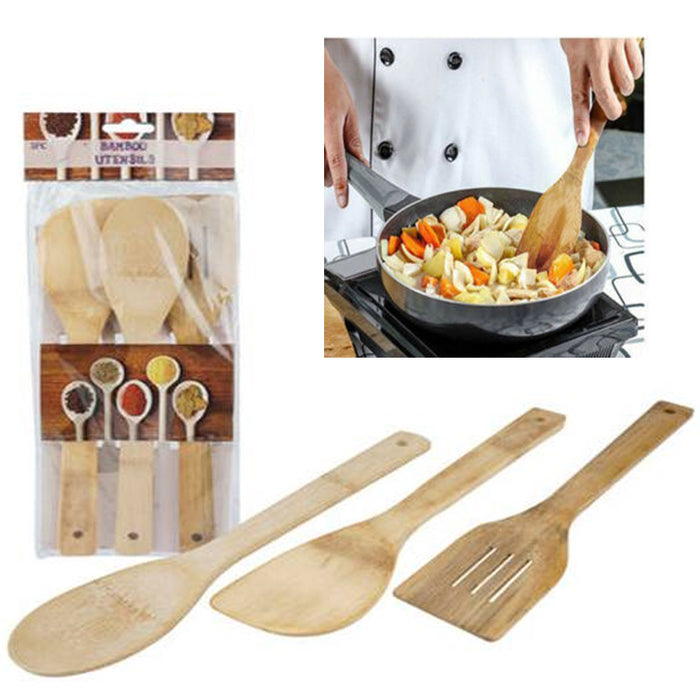 6 Pc Spatula Bamboo Cooking Utensil Set Spoon Mix Non Stick Wooden Kitchen Tools