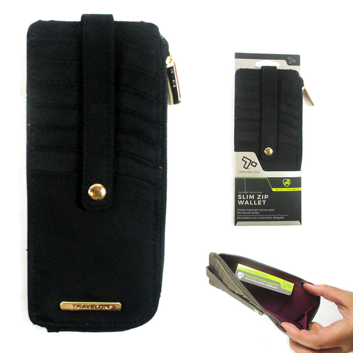 1 Travelon RFID Blocking Slim Zip Wallet Womens Card ID Window Organizer Black