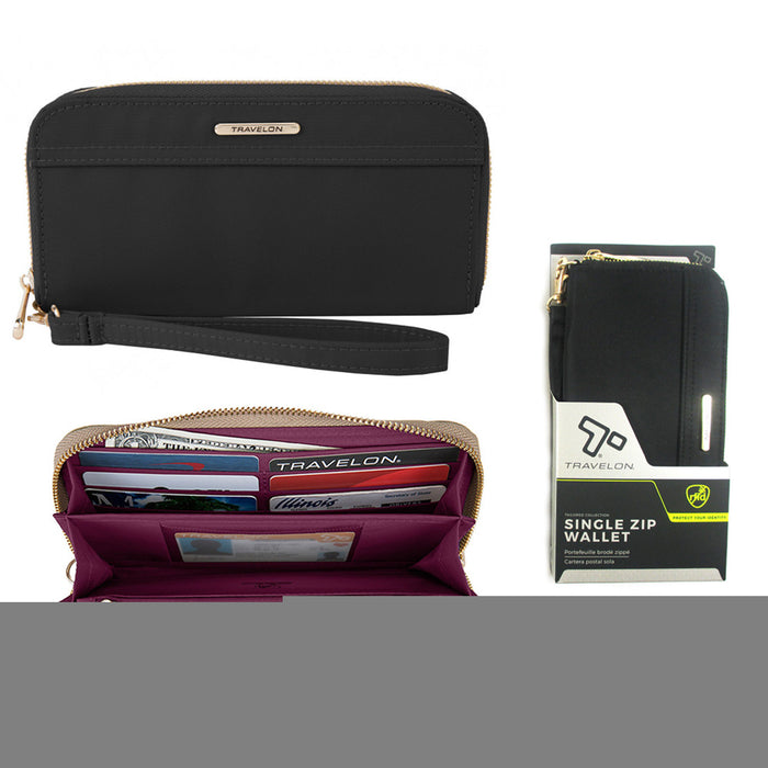 1 Travelon RFID Blocking Single Zip Wallet Womens Anti-Theft Purse Strap Black