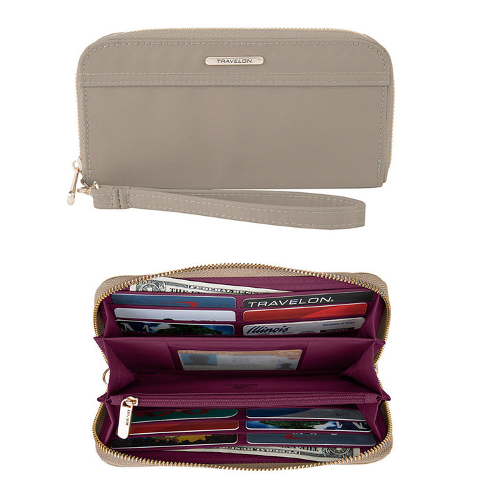 Travelon RFID Blocking Wallet Single Zip Womens Anti Theft Purse Strap Beige New