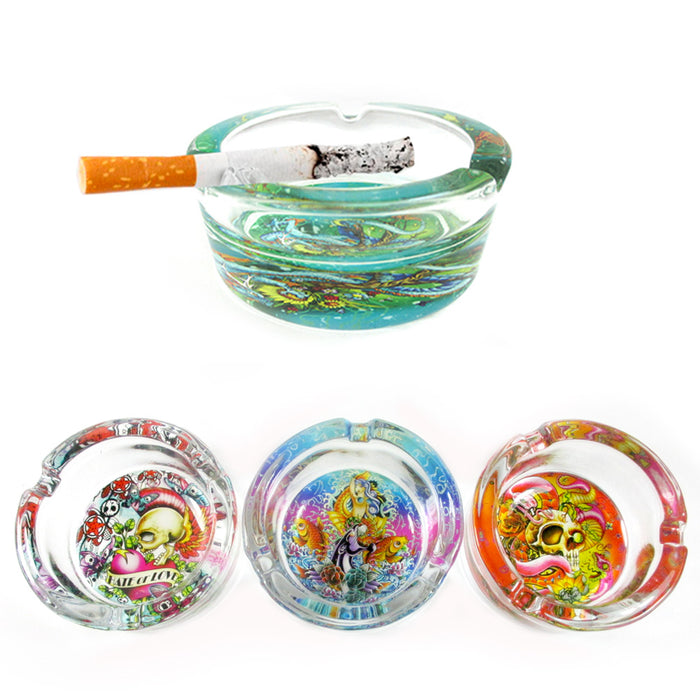 3 Clear Glass Tattoo Ashtray Skull Love Hate Design Smoking Cigarette Home Gift