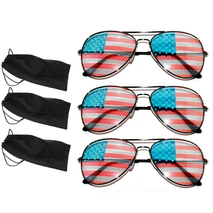 3 PC US Pilot USA American Flag Sunglasses United States Stars Patriotic Pouch