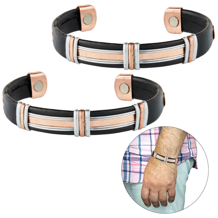 2 X Copper Magnetic Leatherette Bracelet Cuff Arthritis Therapy Energy Men Women