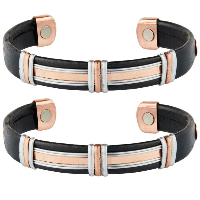 2 X Copper Magnetic Leatherette Bracelet Cuff Arthritis Therapy Energy Men Women