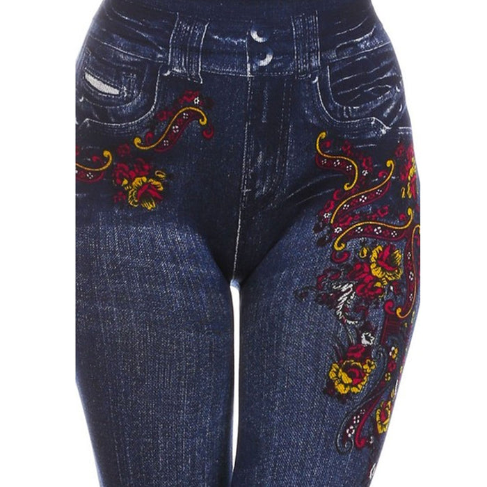 Women Skinny Jeggings Blue Stretchy Sexy Pant Pencil Leggings Jeans Soft Floral