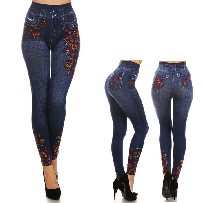 Women Skinny Jeggings Blue Stretchy Sexy Pant Pencil Leggings Jeans Soft Floral