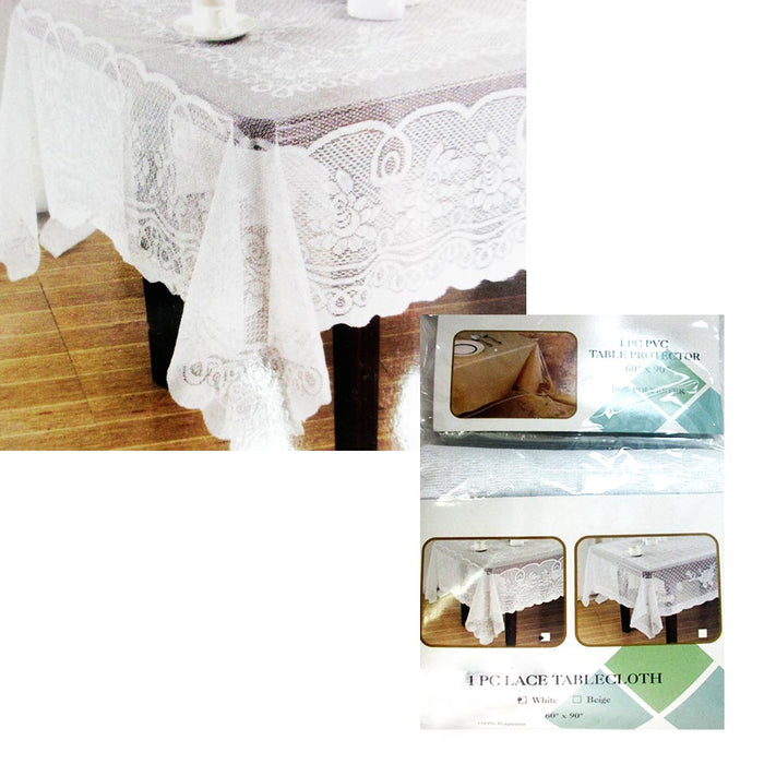 Lace Tablecloth Beige Vinyl 60"X90" Cover Wedding Floral Vintage Dinning Tabl