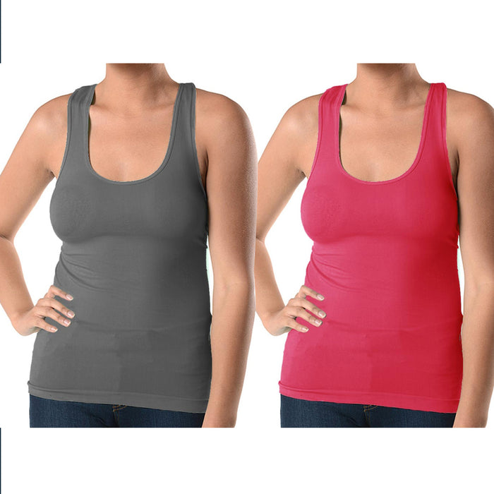 2 Pc Womens Plus Size Basic Cami Tank Top Racerback Stretch Long Shirt Grey Pink