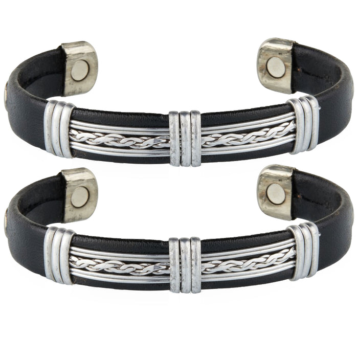 2 X Magnetic Leatherette Cuff Bracelet Wristband Copper Silver Tone Pain Relief