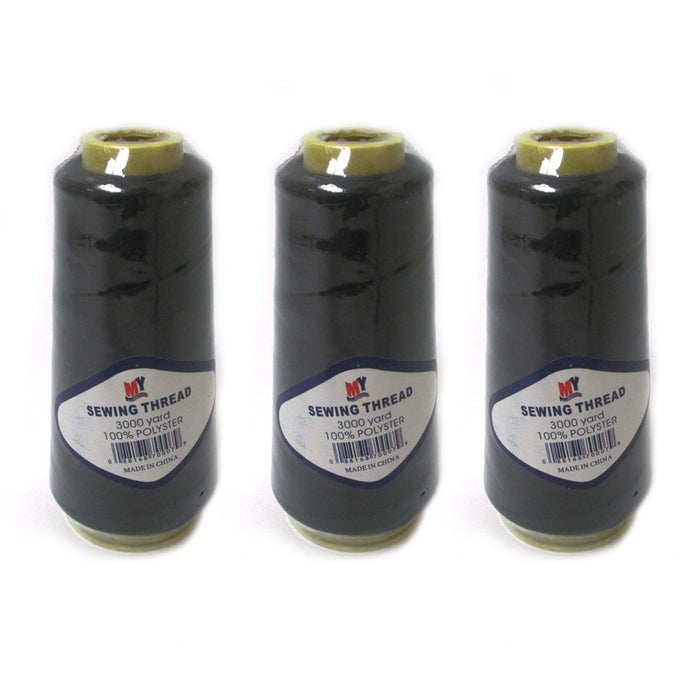 3 Spools Black Sewing Thread Machine 3000 Yard 100% Polyester Upholstery Leather