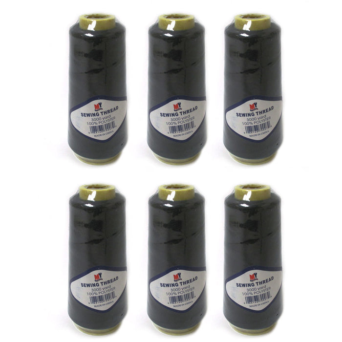 6X Spool Machine Sewing Thread Black Polyester 3000 Yard Fabric Craft Upholstery