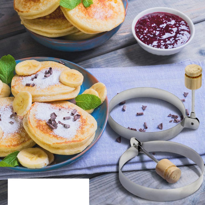 4 Pc Egg Mold Round Metal Non Stick Ring 3.5" Wood Handle Pancake Kitchen Tool