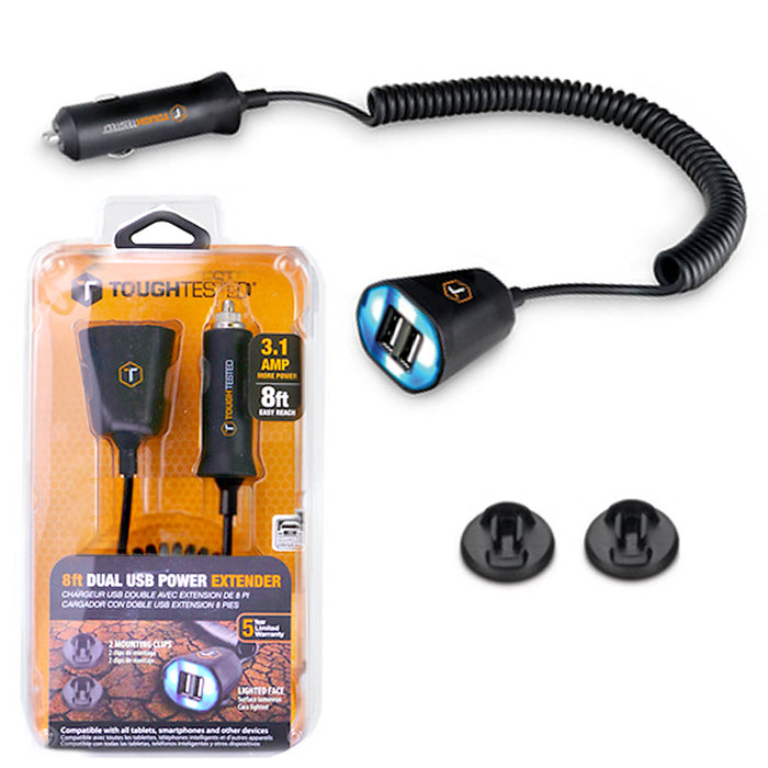 Tough Tested 3.1 Amp Dual USB Power Extender Car Charger Lighted Face Mount Clip