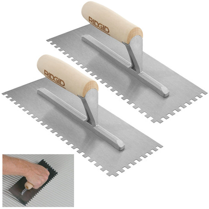 2 Stainless Steel Square Notch Tile Trowel 6.35mm Floor Tiling Wooden Handle 11"