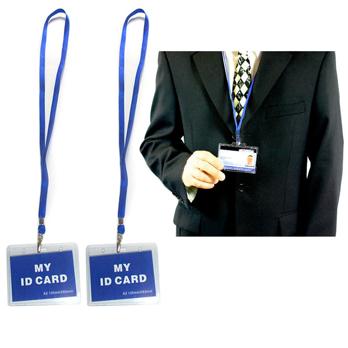 2 Pc ID Name Badge Card Holder Vinyl Clear Case Blue Lanyard Horizontal License